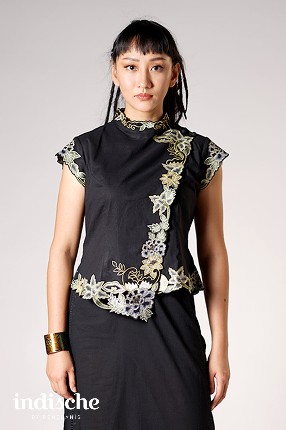 Cap Sleeved Kebaya Beskap Peonies in Black