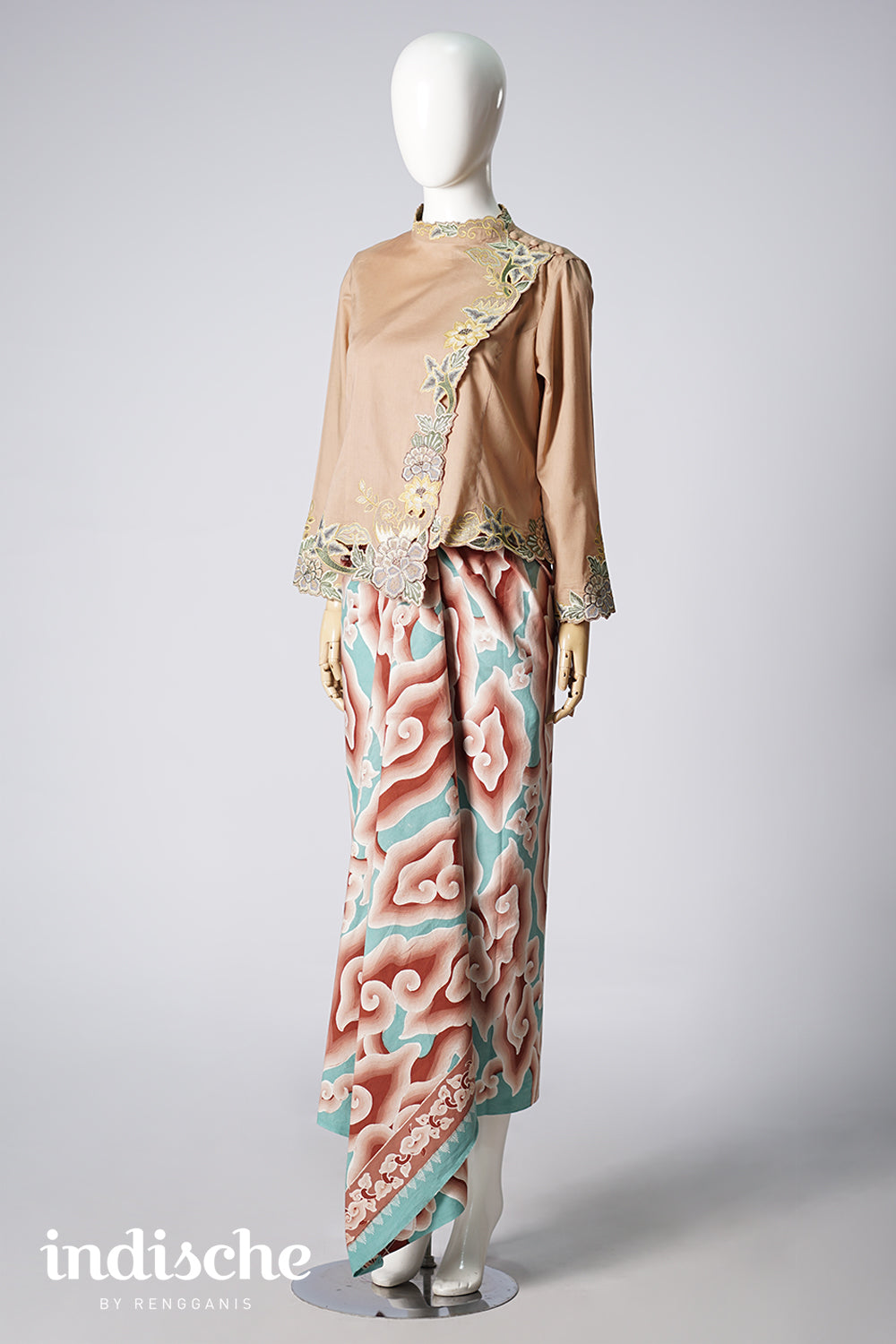 Long Sleeved Kebaya Beskap Peonies in Taupe Brown