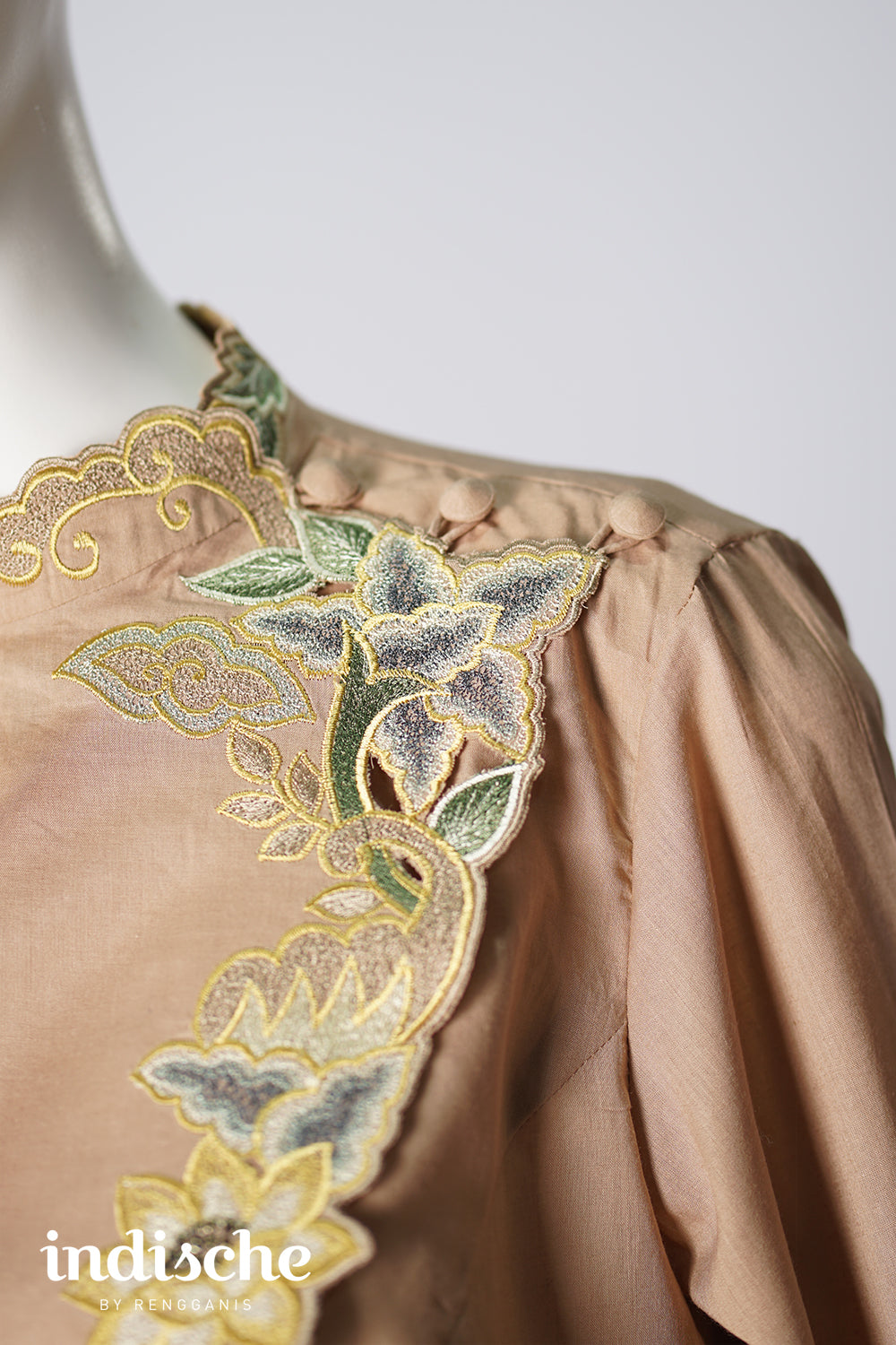 Long Sleeved Kebaya Beskap Peonies in Taupe Brown