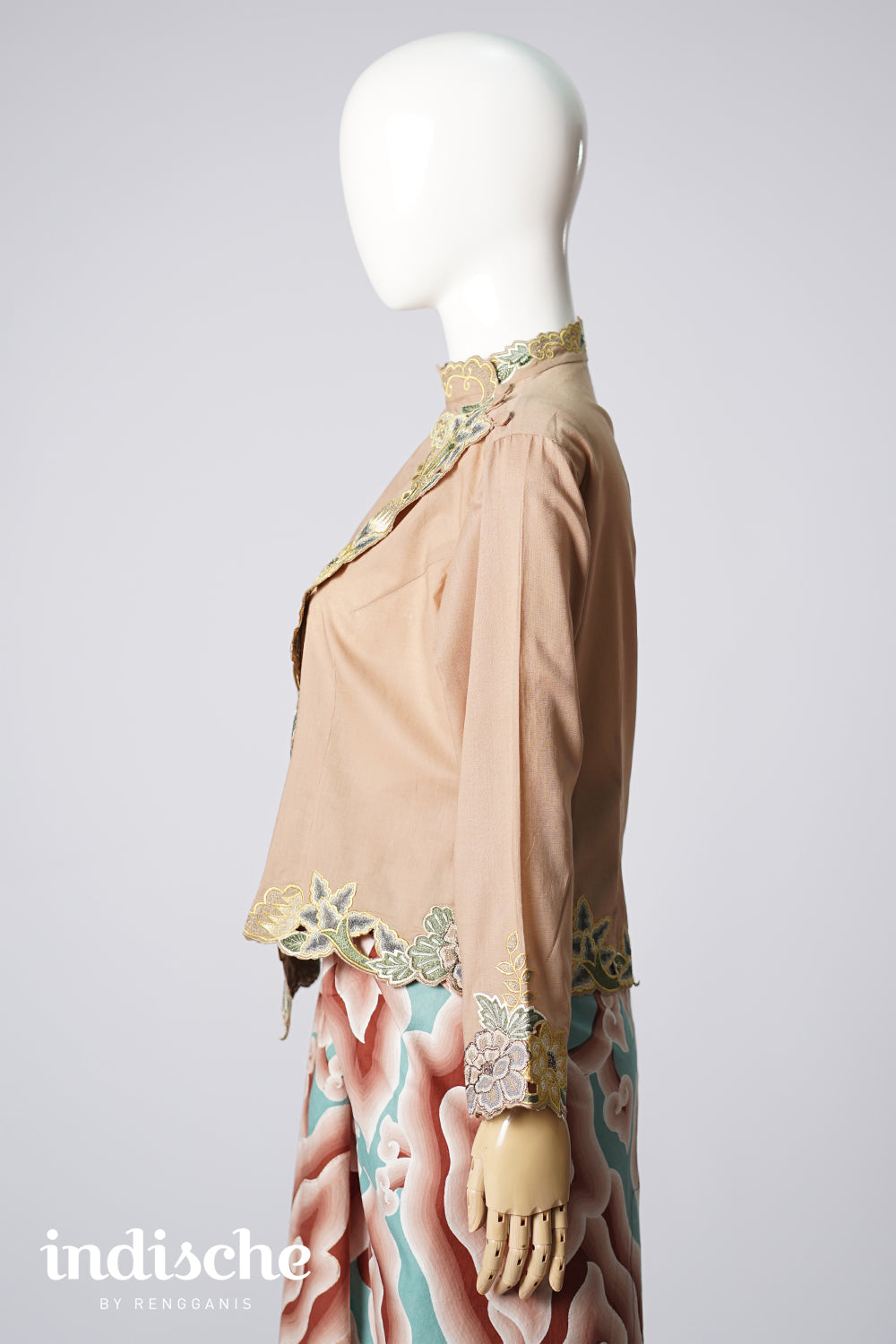 Long Sleeved Kebaya Beskap Peonies in Taupe Brown