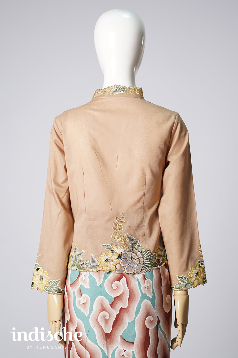 Long Sleeved Kebaya Beskap Peonies in Taupe Brown