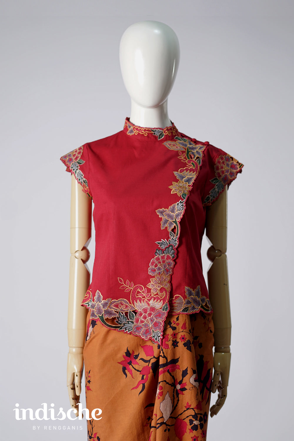 Cap Sleeved Kebaya Beskap Peonies in Maroon