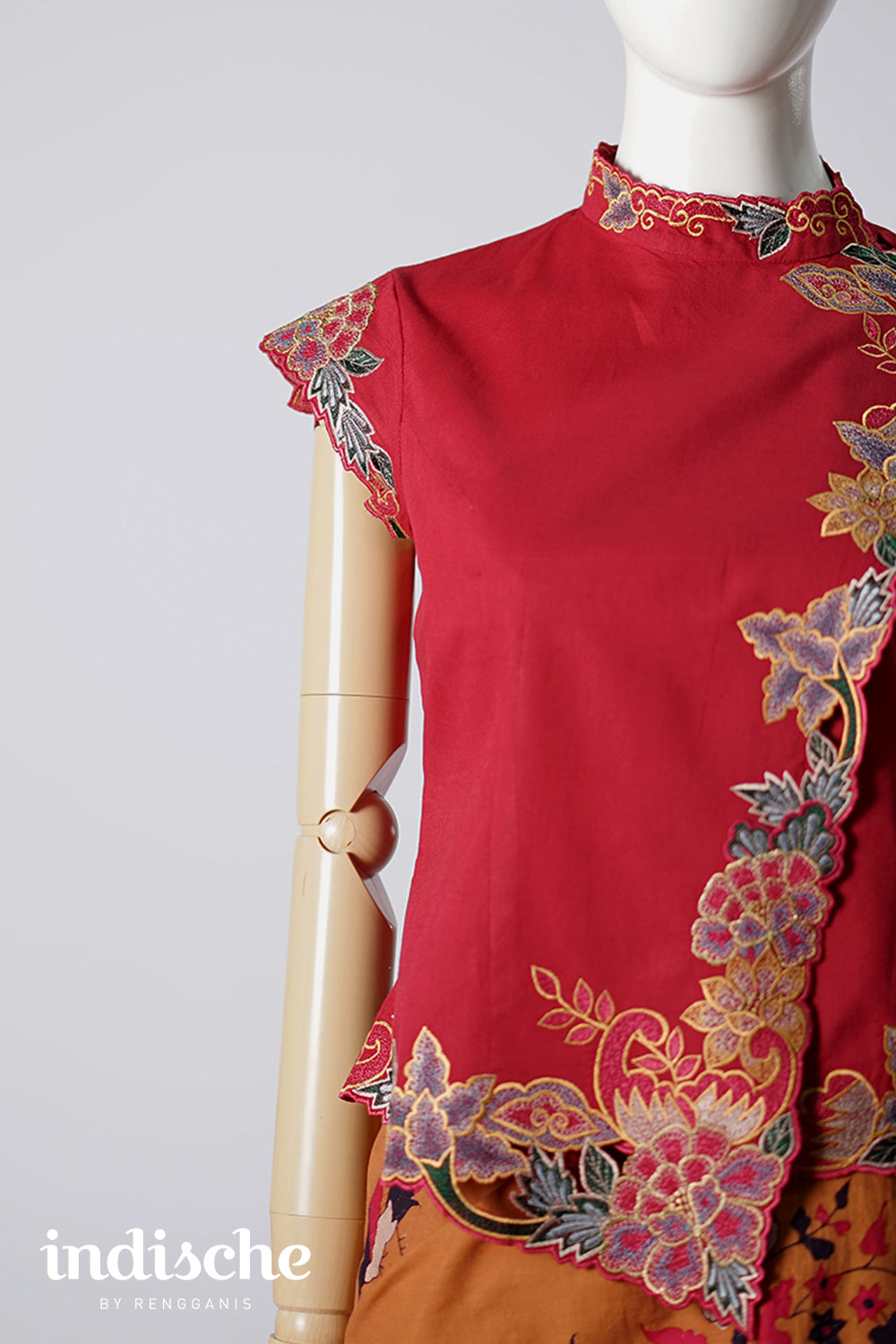 Cap Sleeved Kebaya Beskap Peonies in Maroon