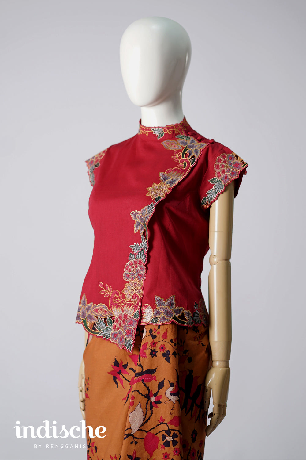 Cap Sleeved Kebaya Beskap Peonies in Maroon