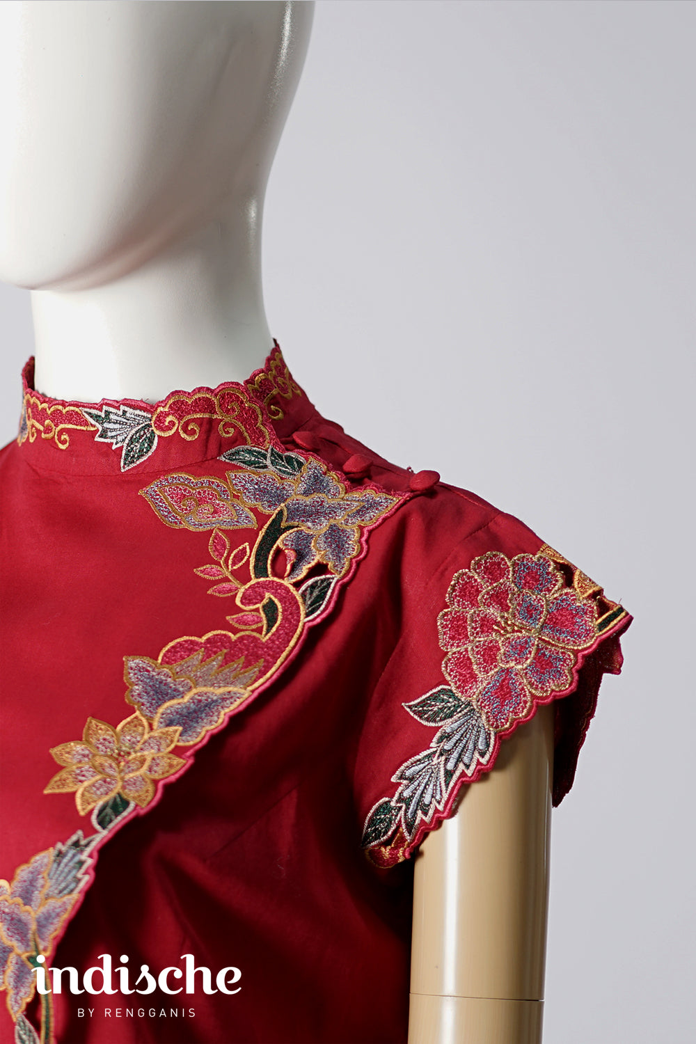 Cap Sleeved Kebaya Beskap Peonies in Maroon