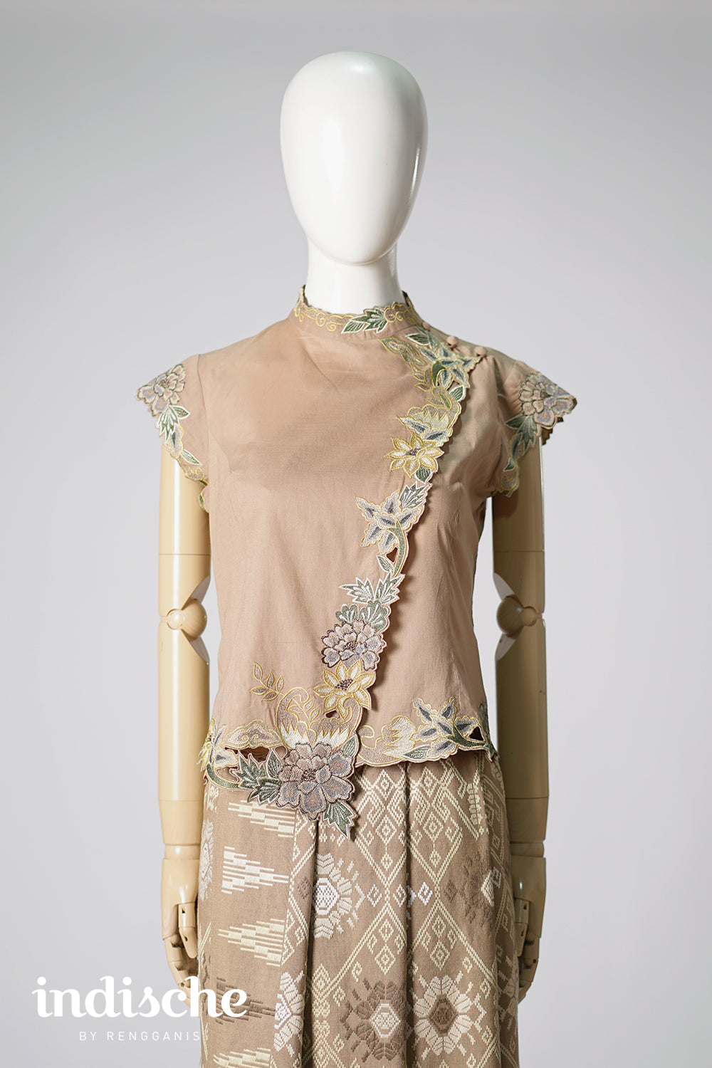 Cap Sleeved Kebaya Beskap Peonies in Taupe