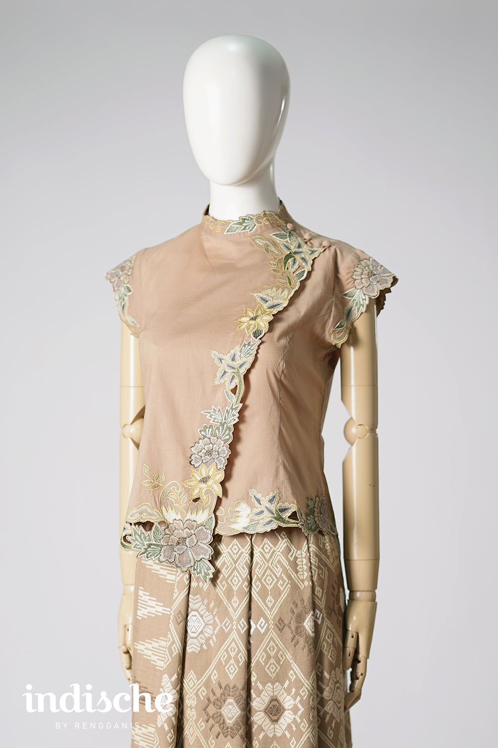 Cap Sleeved Kebaya Beskap Peonies in Taupe