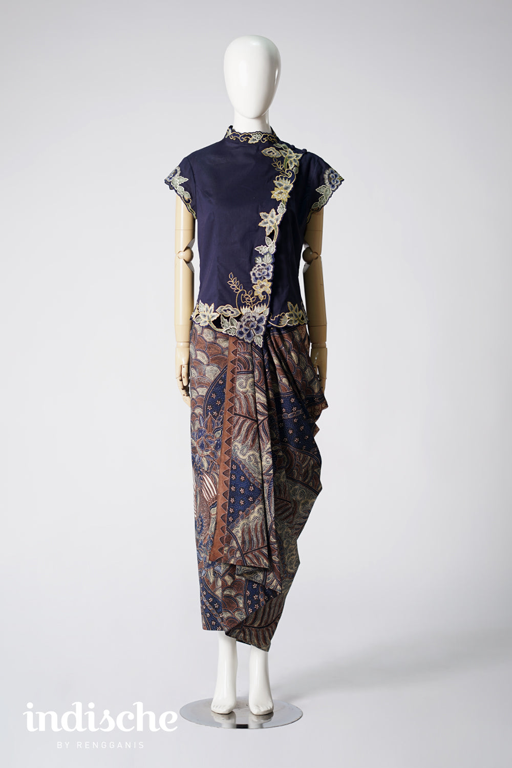 Cap Sleeved Kebaya Beskap Peonies in Navy Blue