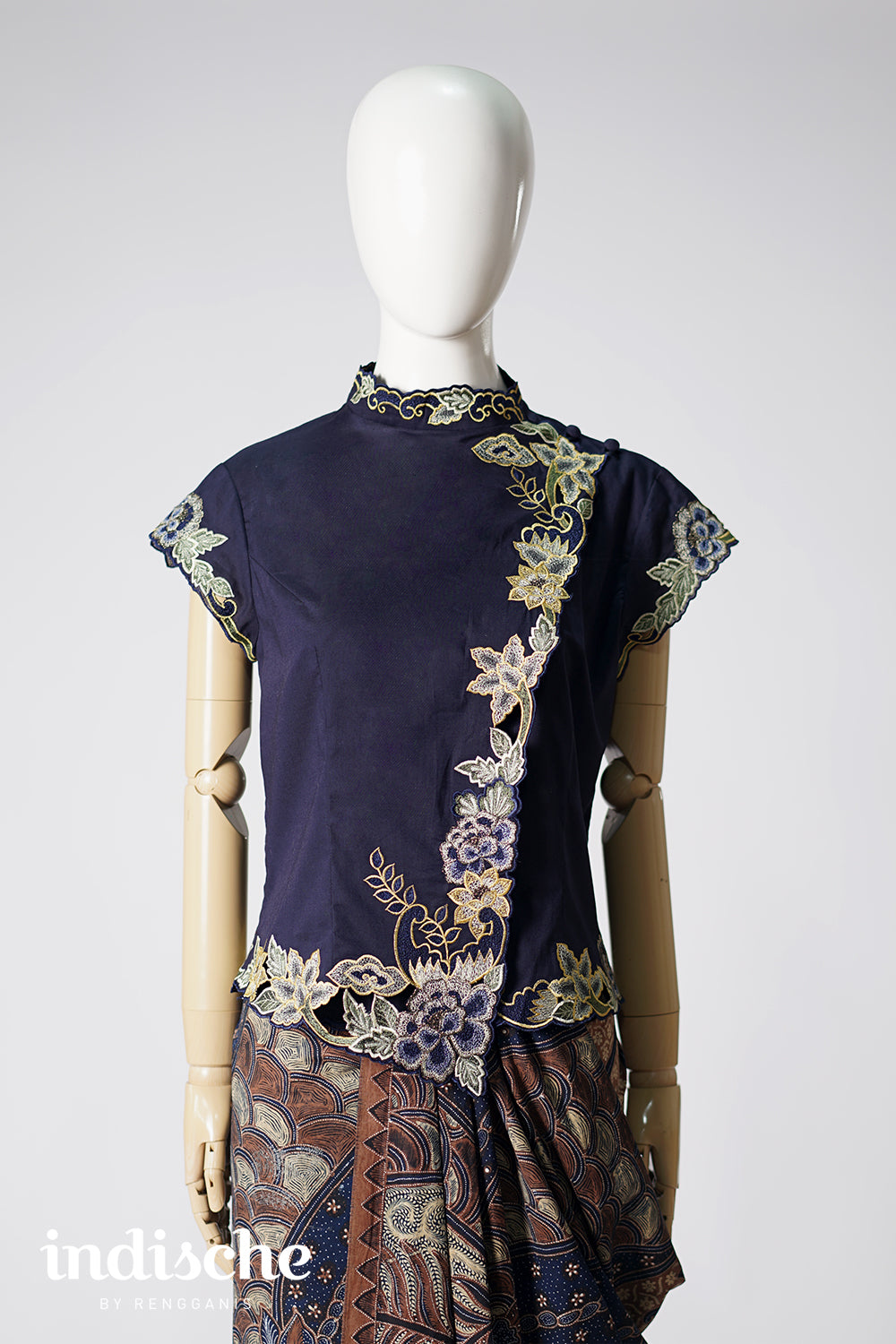 Cap Sleeved Kebaya Beskap Peonies in Navy Blue
