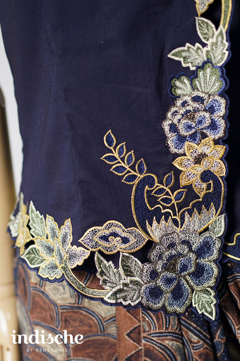 Cap Sleeved Kebaya Beskap Peonies in Navy Blue