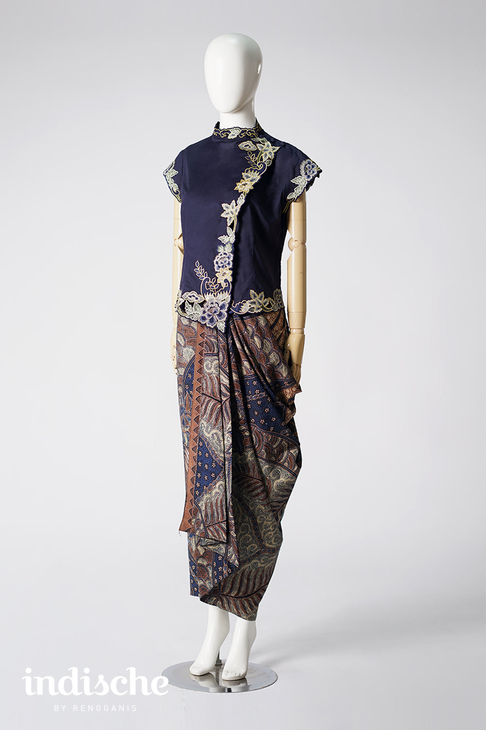 Cap Sleeved Kebaya Beskap Peonies in Navy Blue