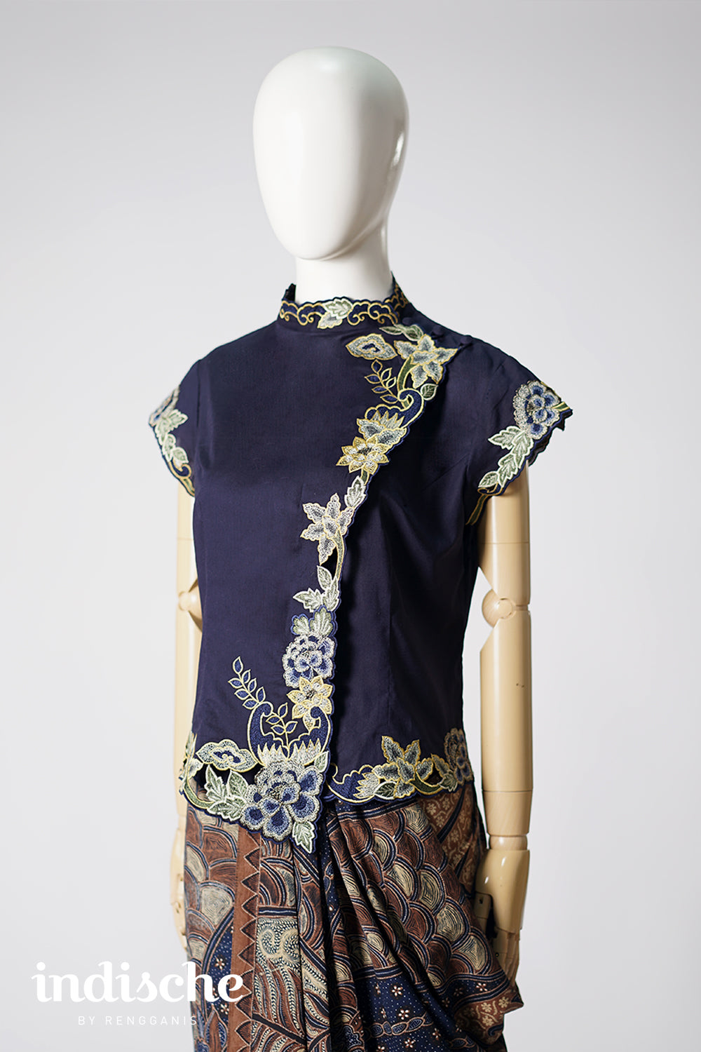 Cap Sleeved Kebaya Beskap Peonies in Navy Blue