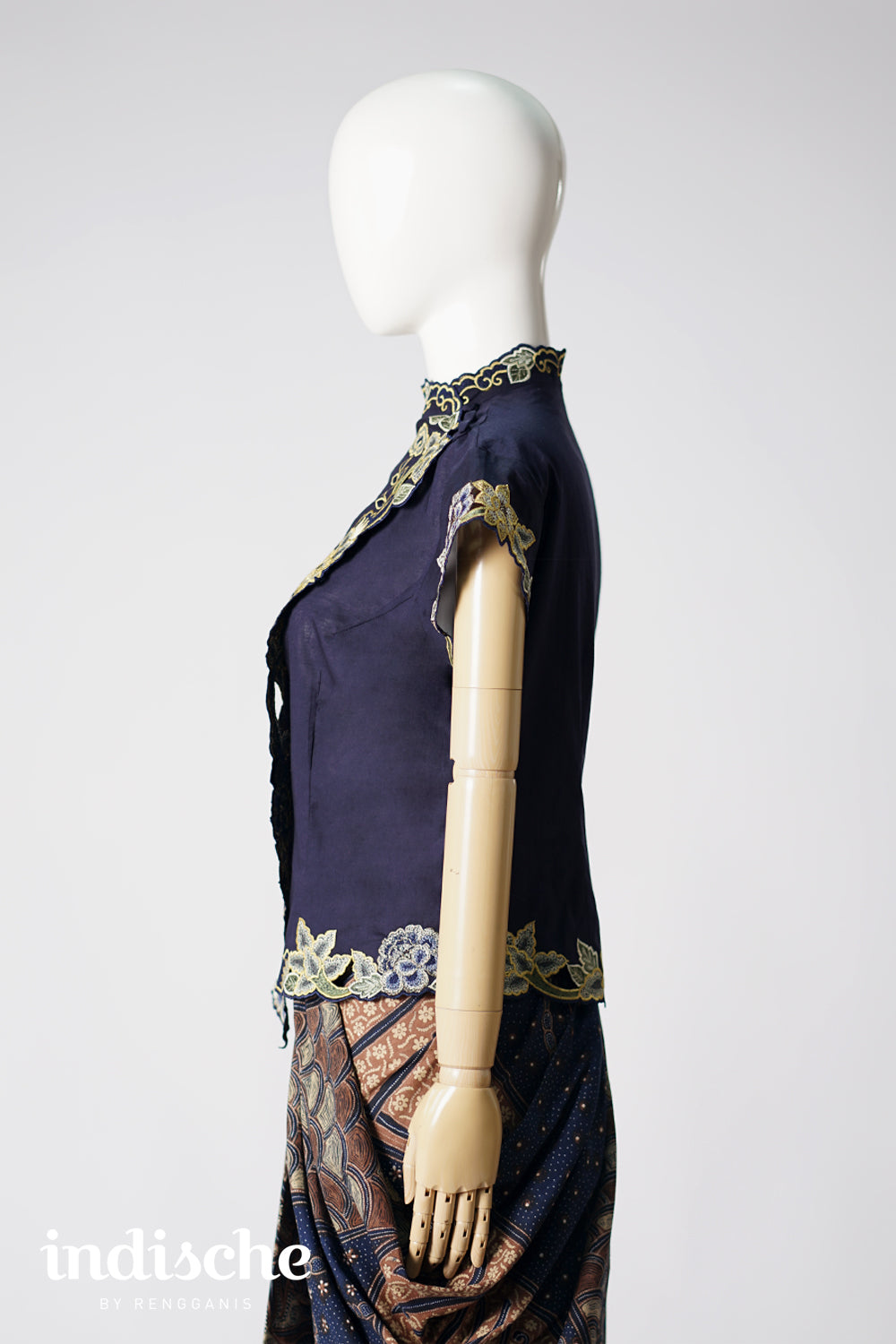 Cap Sleeved Kebaya Beskap Peonies in Navy Blue