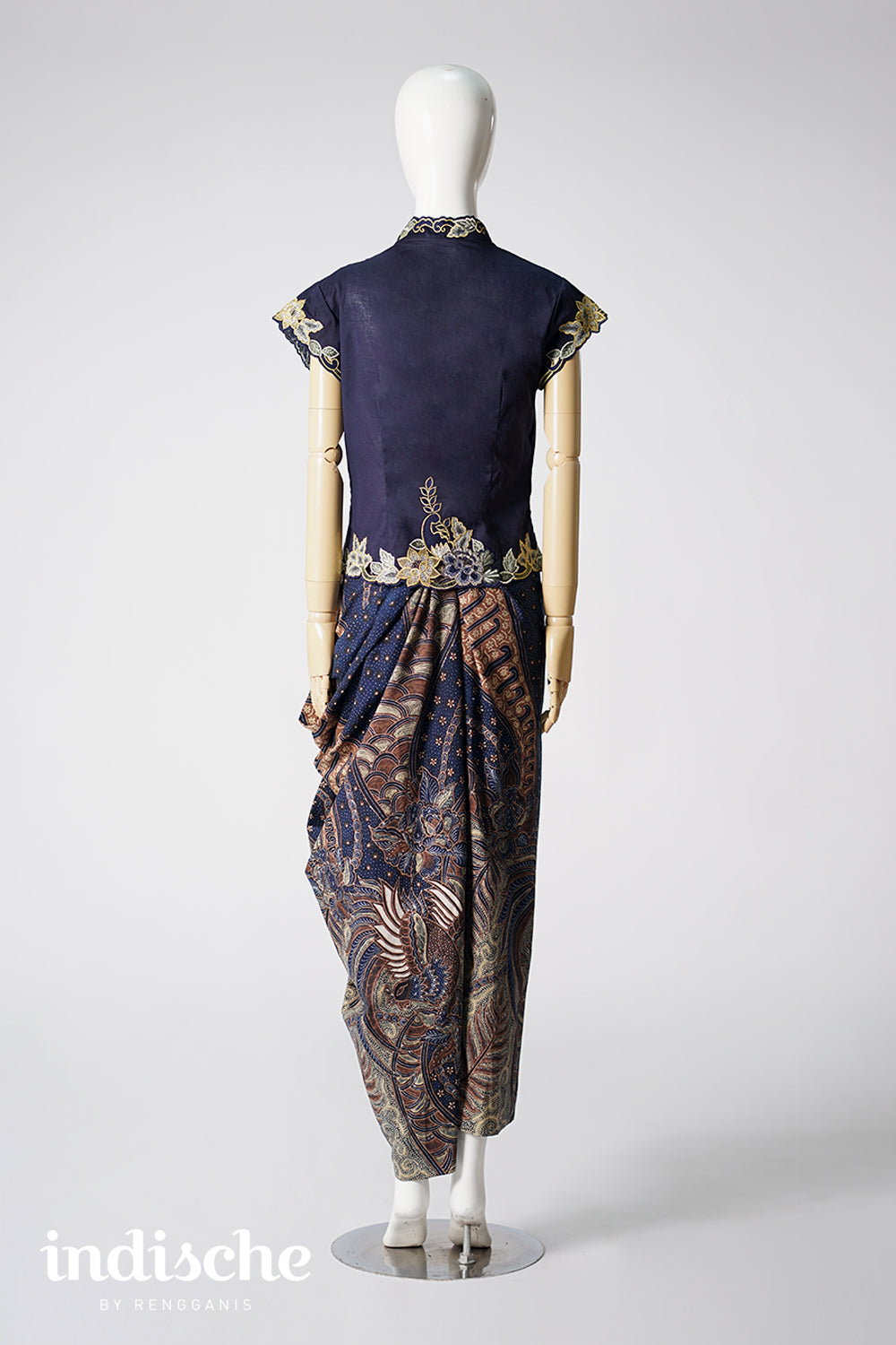 Cap Sleeved Kebaya Beskap Peonies in Navy Blue