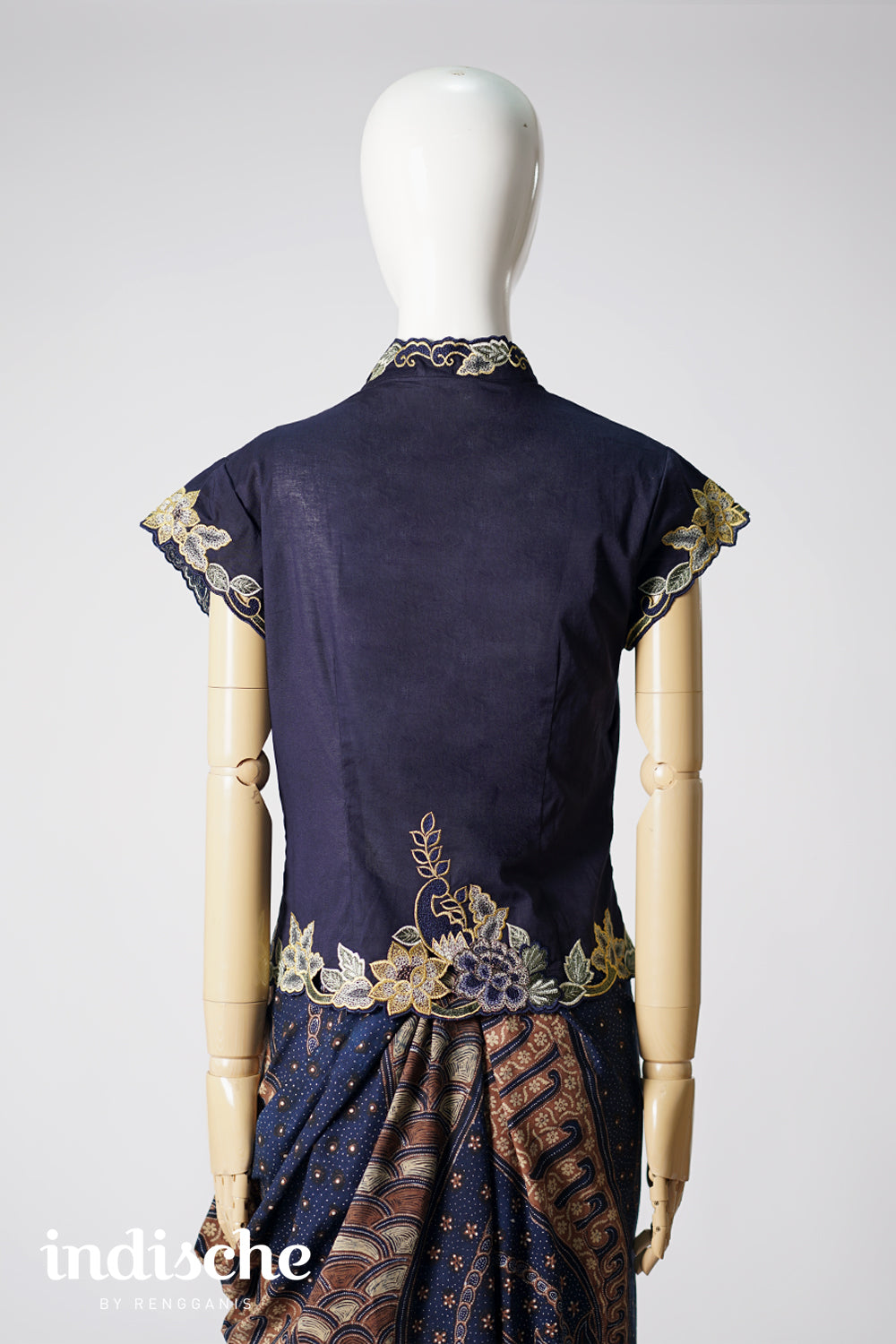 Cap Sleeved Kebaya Beskap Peonies in Navy Blue