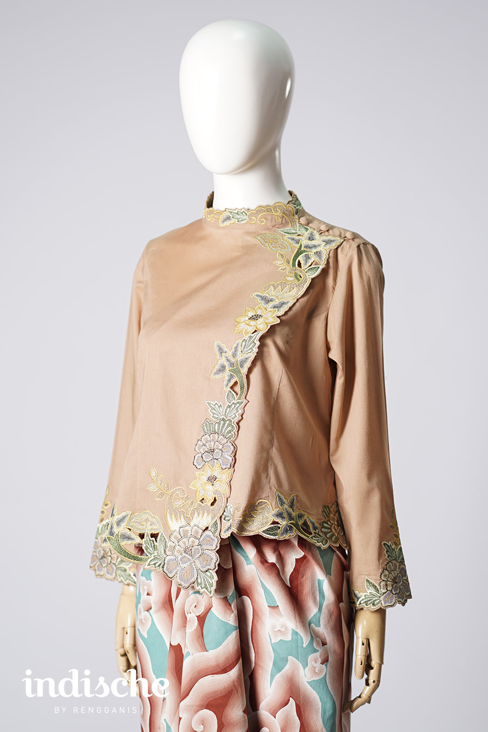 Long Sleeved Kebaya Beskap Peonies in Taupe Brown