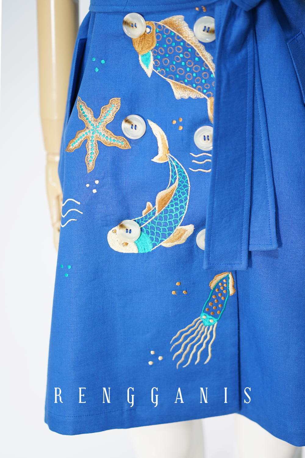Sea Life Trench Coat in Royal Blue