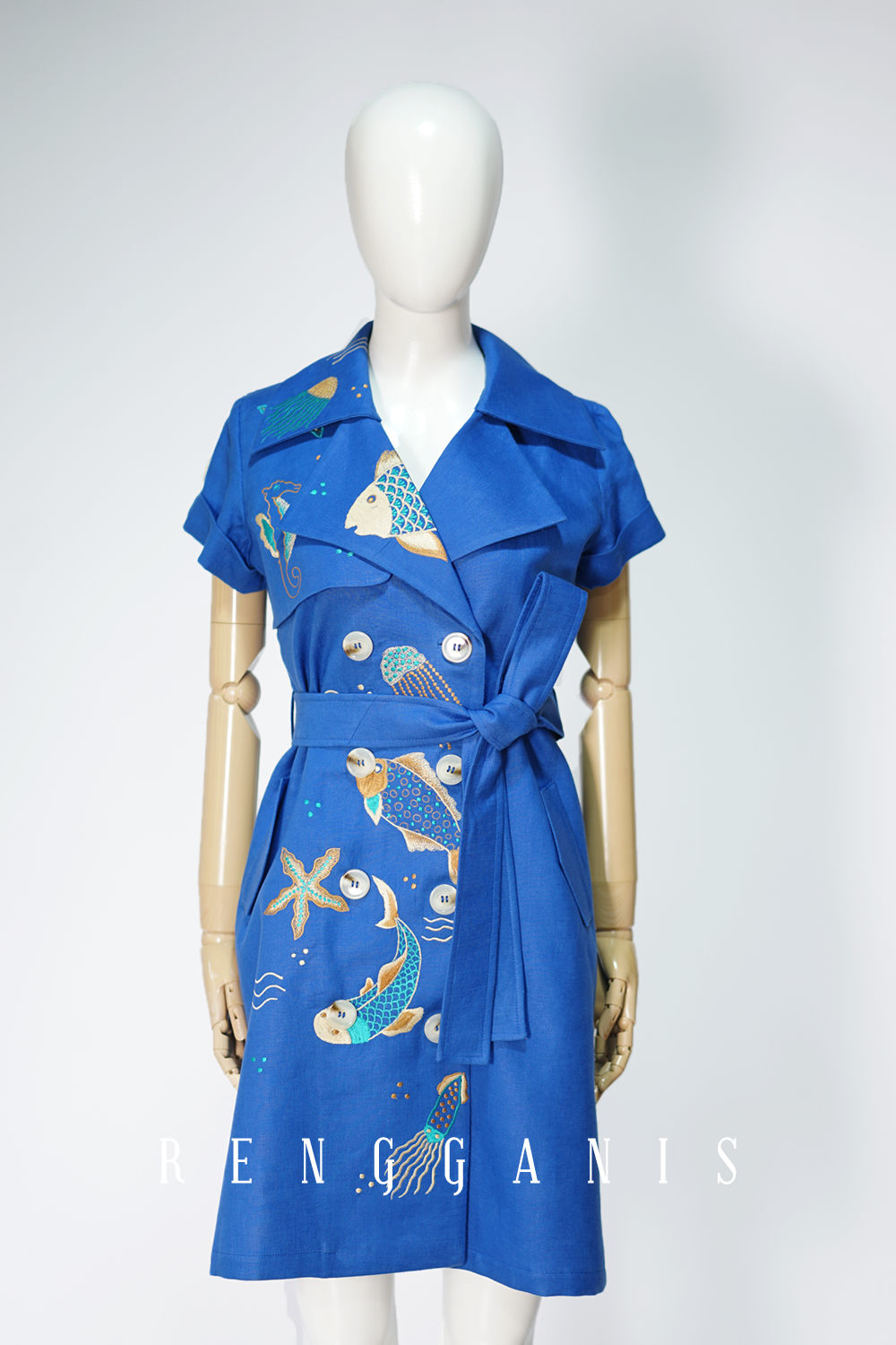 Sea Life Trench Coat in Royal Blue