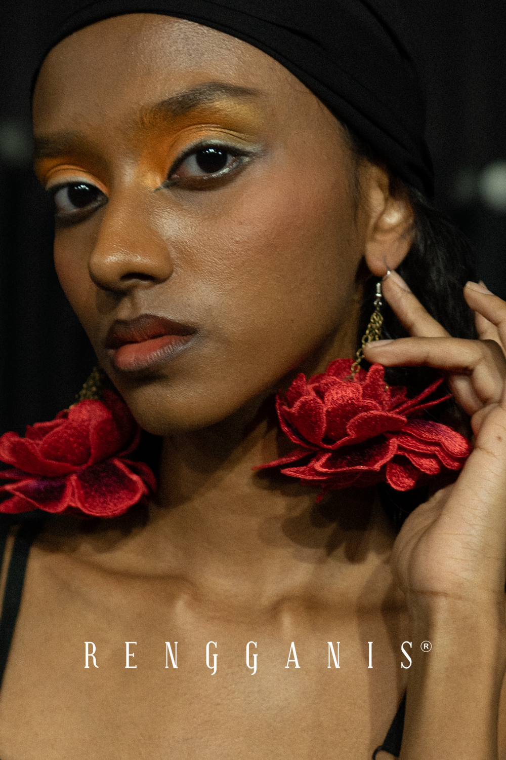 Drop Earrings with Triple Chains and Red 3D Flower