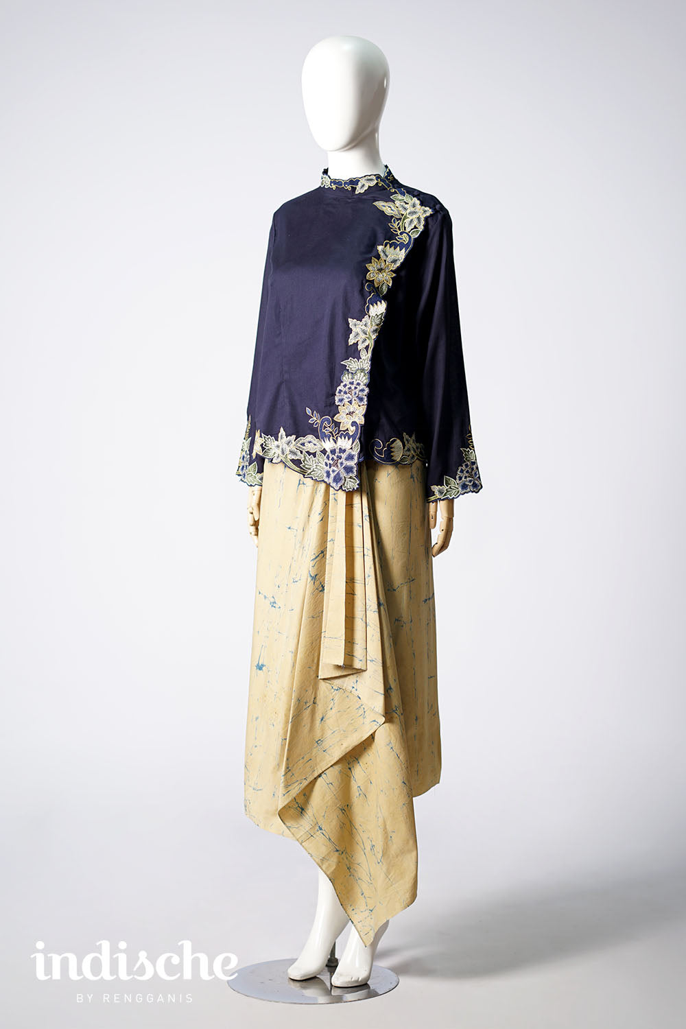 Long Sleeved Kebaya Beskap Peonies in Navy Blue