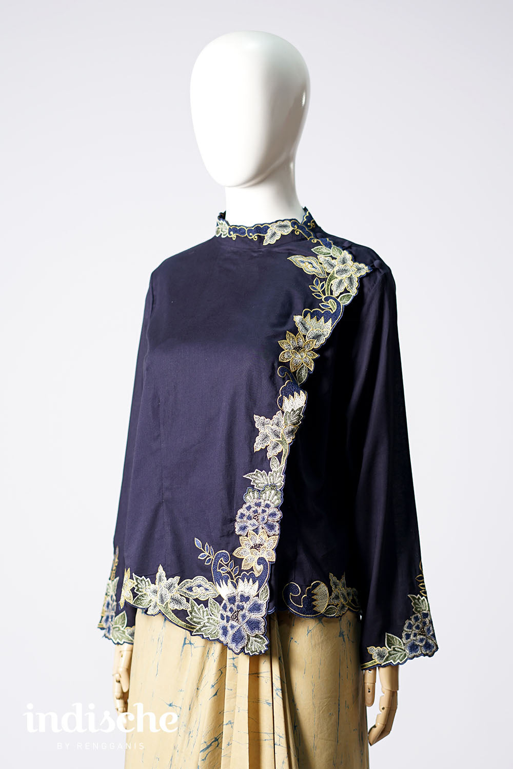 Long Sleeved Kebaya Beskap Peonies in Navy Blue