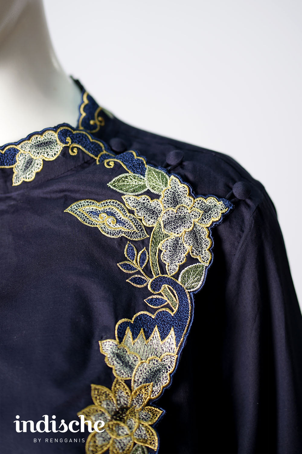 Long Sleeved Kebaya Beskap Peonies in Navy Blue