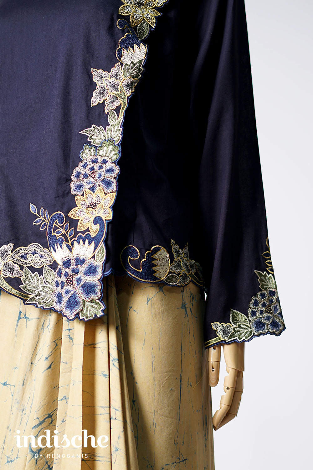 Long Sleeved Kebaya Beskap Peonies in Navy Blue