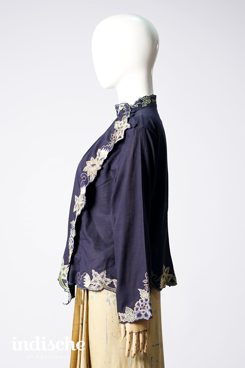 Long Sleeved Kebaya Beskap Peonies in Navy Blue