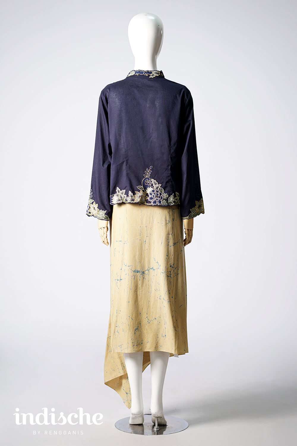 Long Sleeved Kebaya Beskap Peonies in Navy Blue