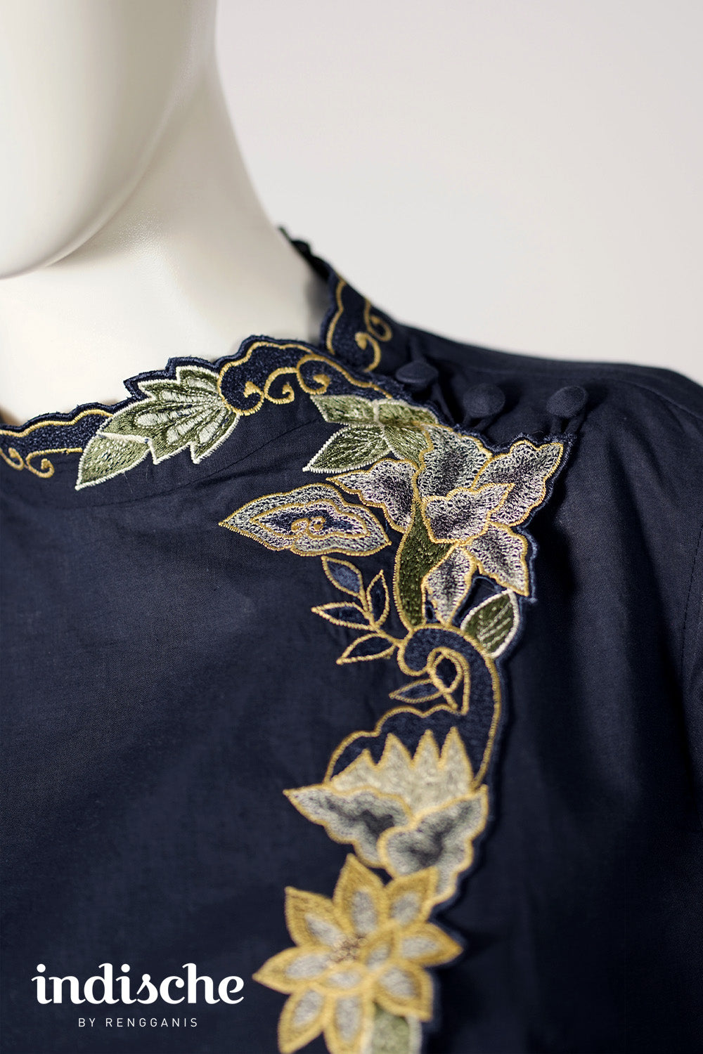 3/4 Sleeved Kebaya Beskap Peonies in Navy Blue