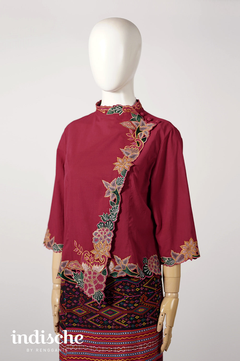 3/4 Sleeved Kebaya Beskap Peonies in Maroon