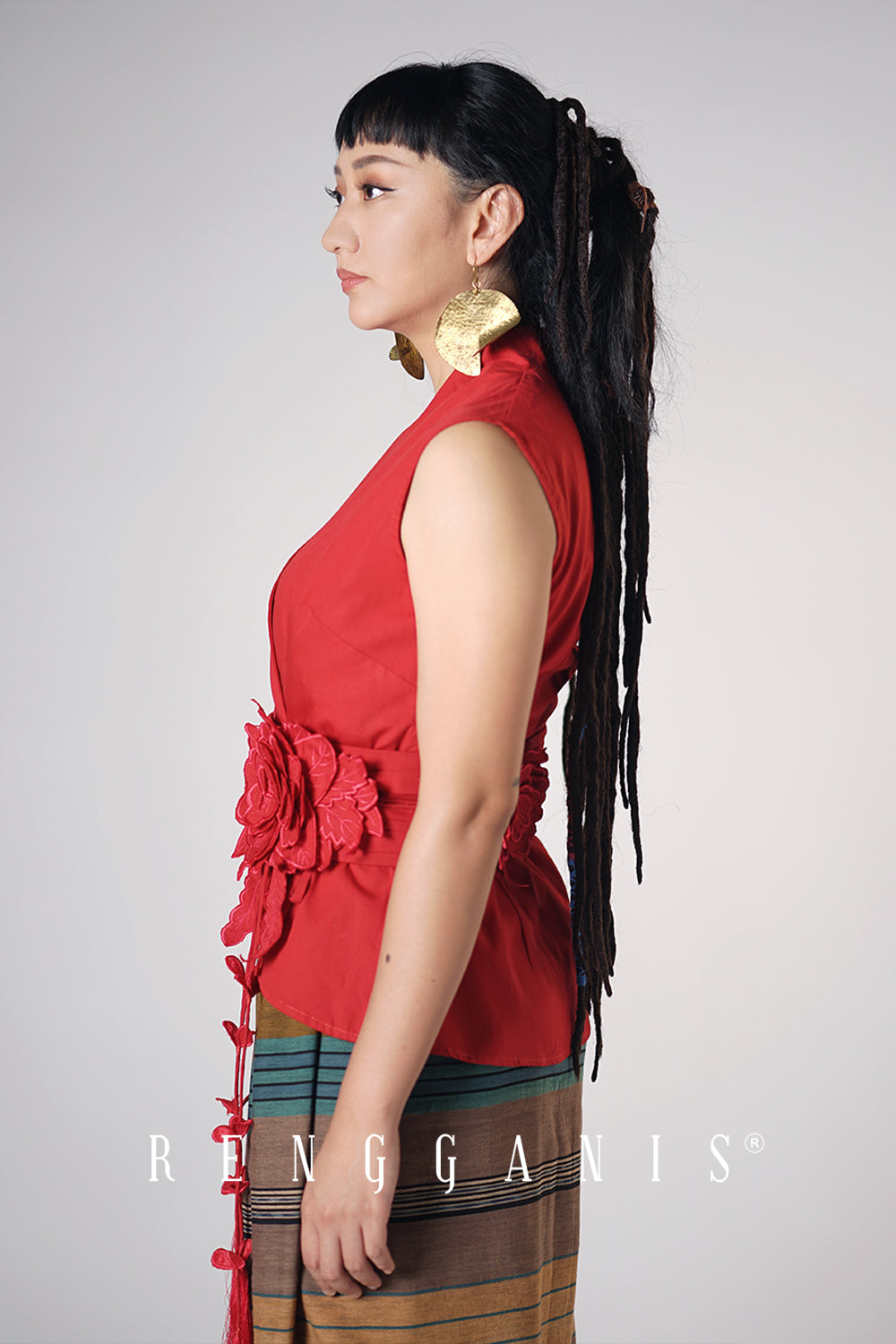 Sleeveless Wrap Top with Bouquet Obi Belt in Red