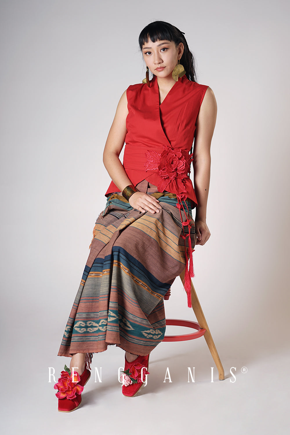 Sleeveless Wrap Top with Bouquet Obi Belt in Red