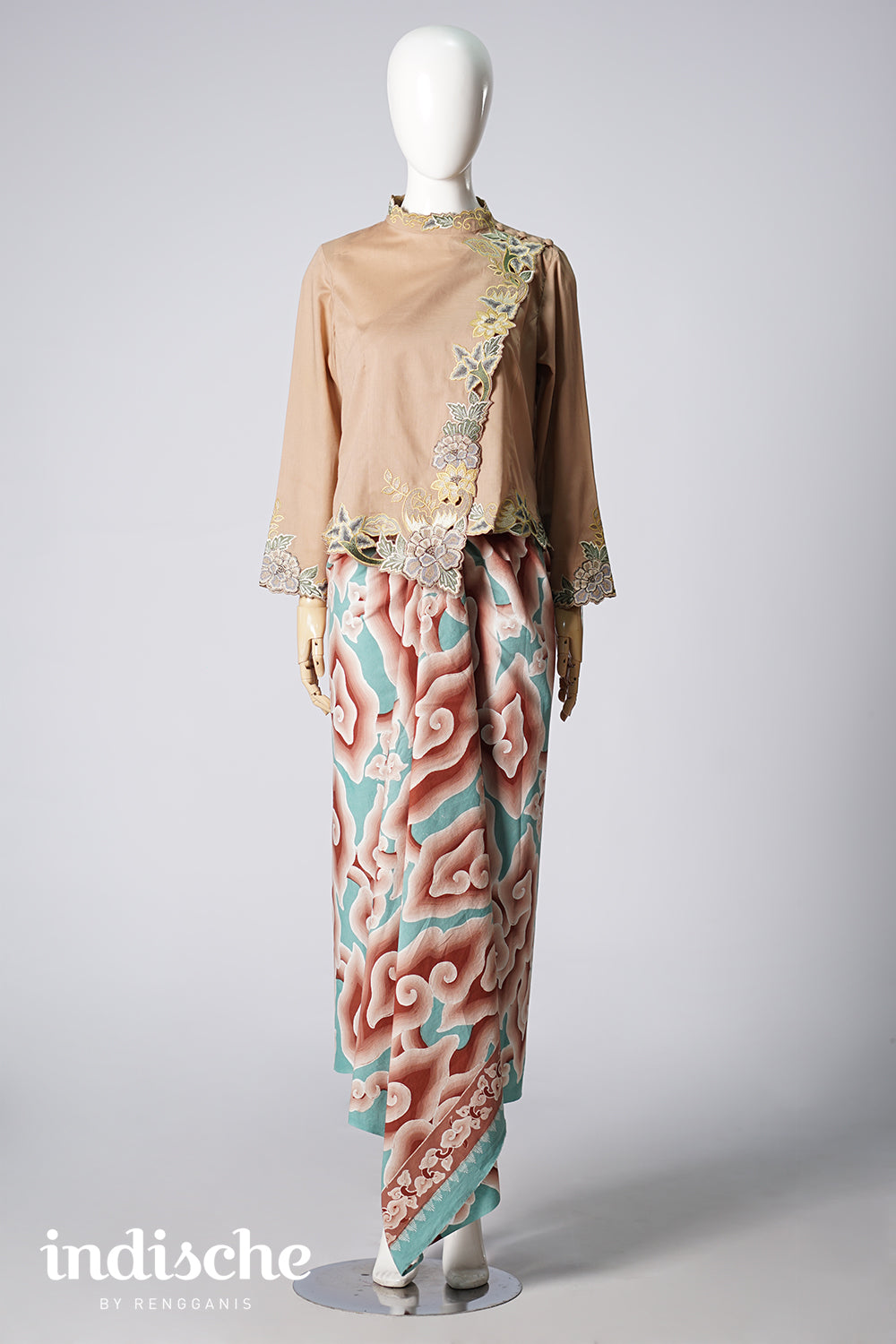 Long Sleeved Kebaya Beskap Peonies in Taupe Brown