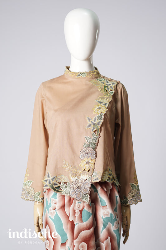 Long Sleeved Kebaya Beskap Peonies in Taupe Brown