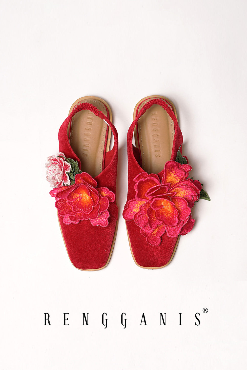 Velvet Bloom Flat Slip-Ons in Red