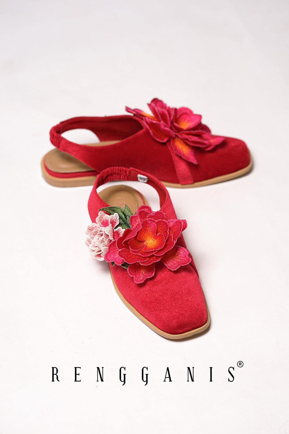 Velvet Bloom Flat Slip-Ons in Red