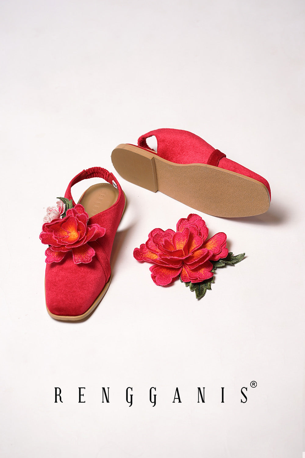Velvet Bloom Flat Slip-Ons in Red