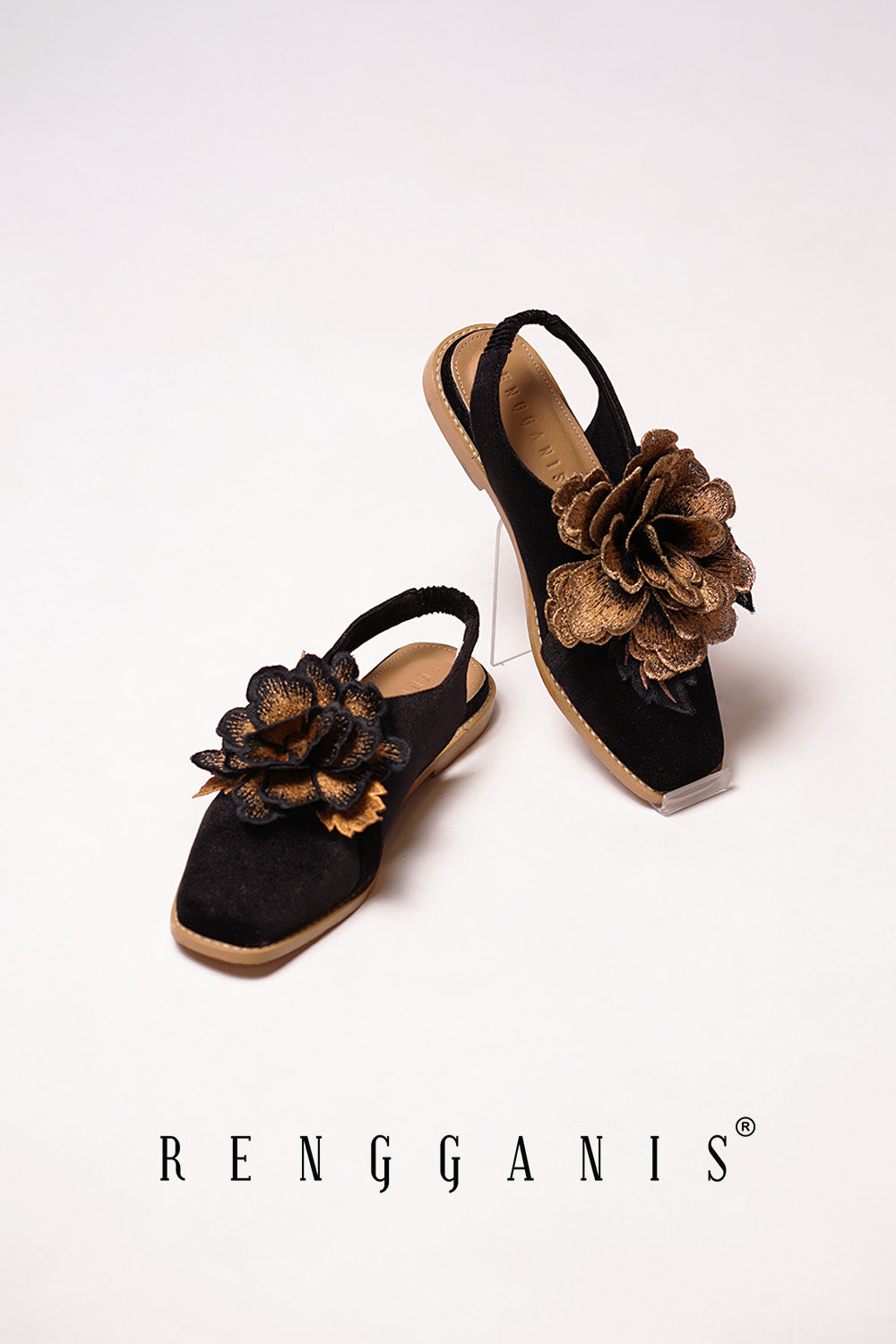 Velvet Bloom Flat Slip-Ons in Black