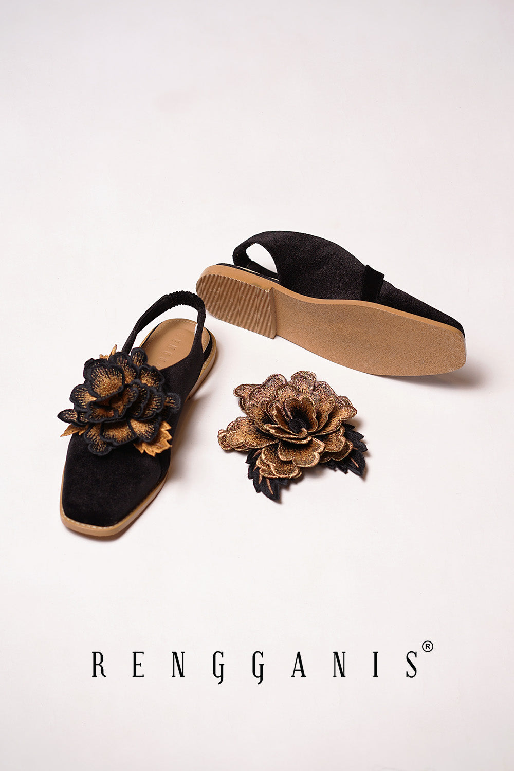 Velvet Bloom Flat Slip-Ons in Black