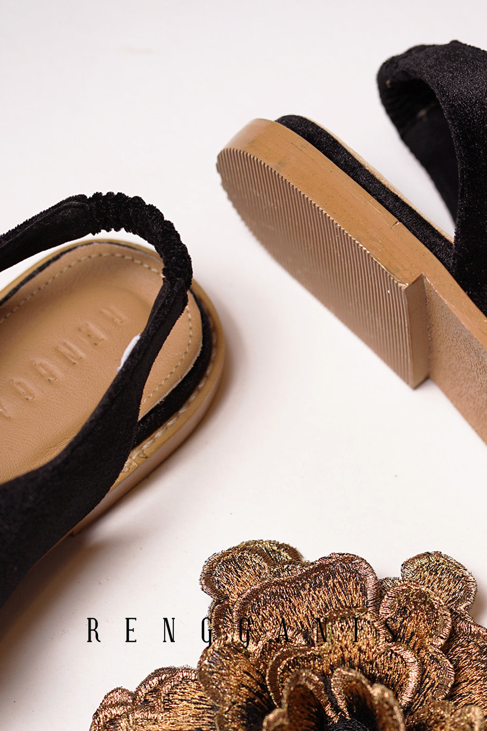 Velvet Bloom Flat Slip-Ons in Black