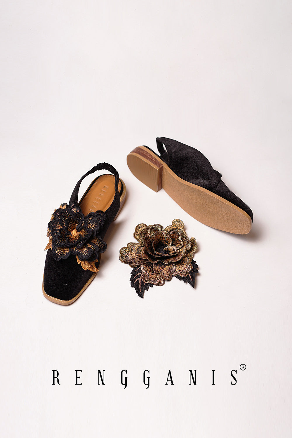 Velvet Bloom Slip-Ons in Black with 2.5cm Heels