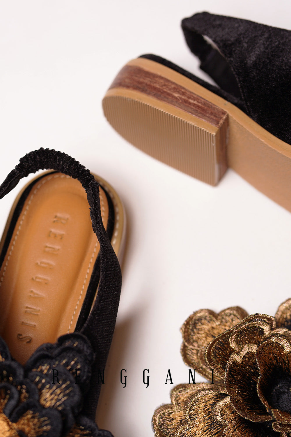 Velvet Bloom Slip-Ons in Black with 2.5cm Heels