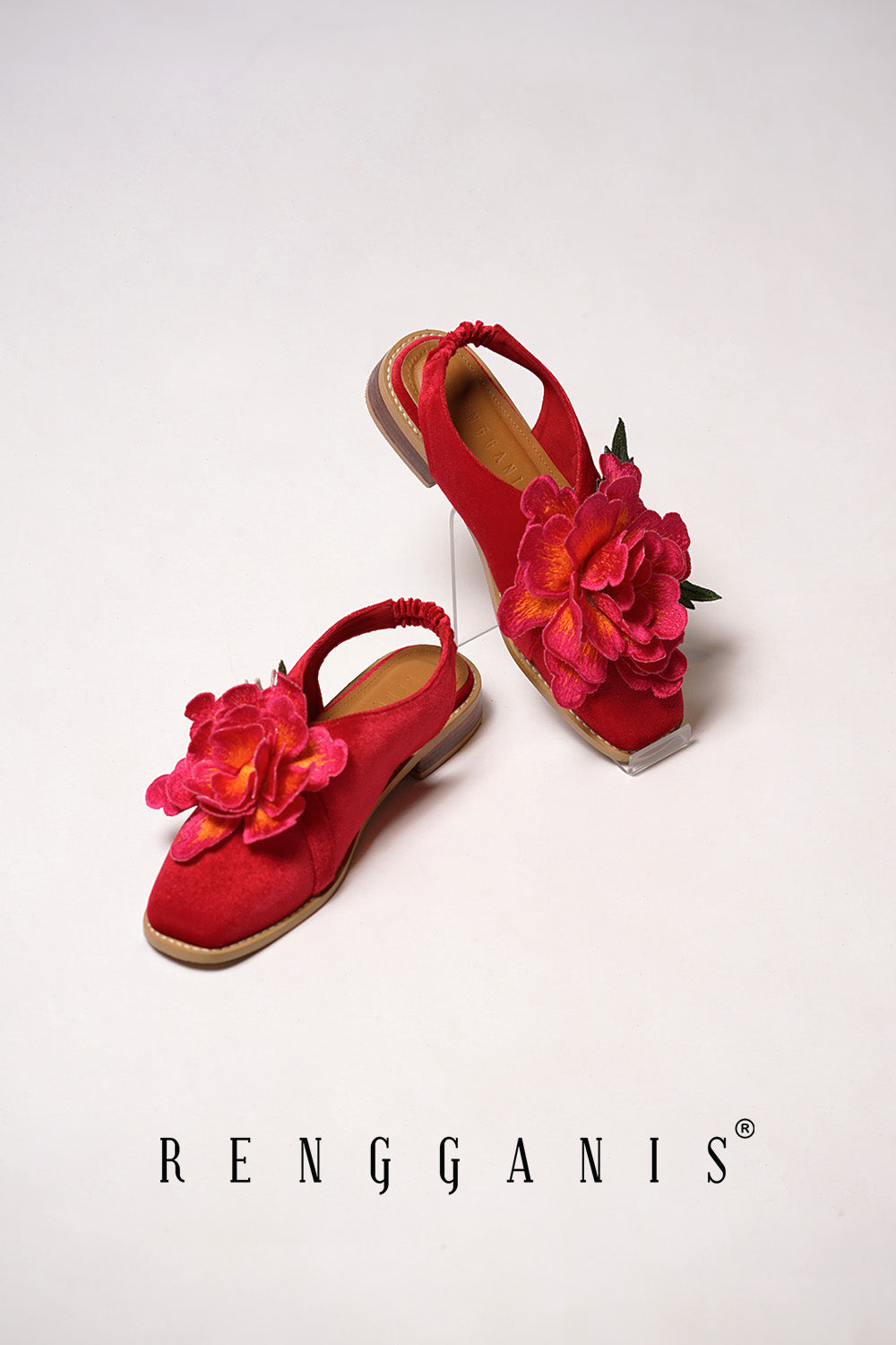 Velvet Bloom Slip-Ons in Red with 2.5cm Heels