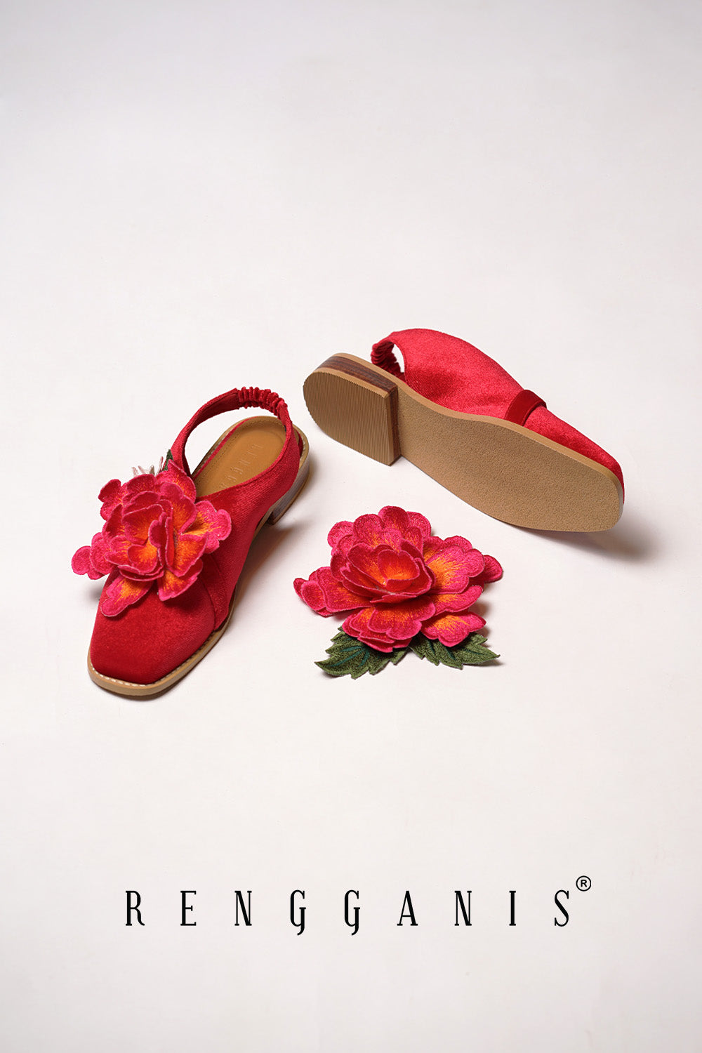 Velvet Bloom Slip-Ons in Red with 2.5cm Heels