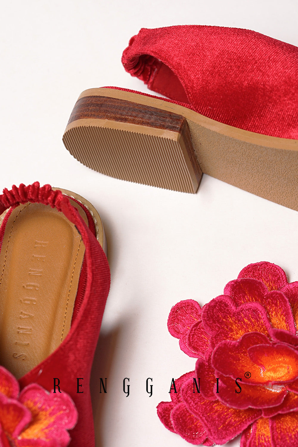 Velvet Bloom Slip-Ons in Red with 2.5cm Heels