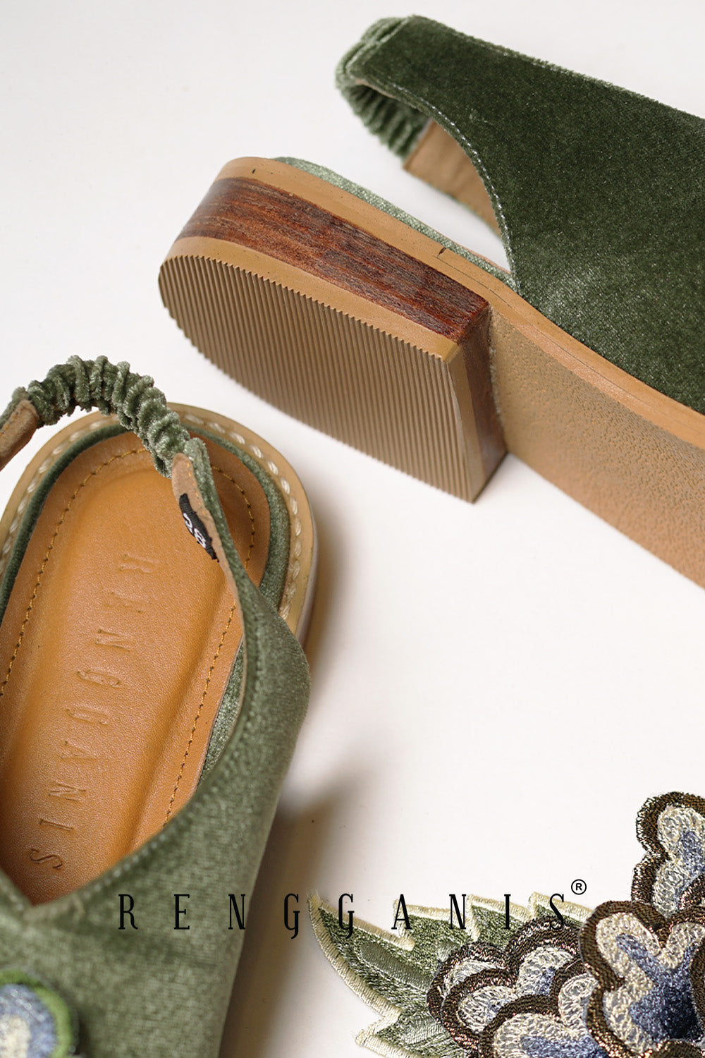 Velvet Bloom Slip-Ons in Olive Green with 2.5cm Heels