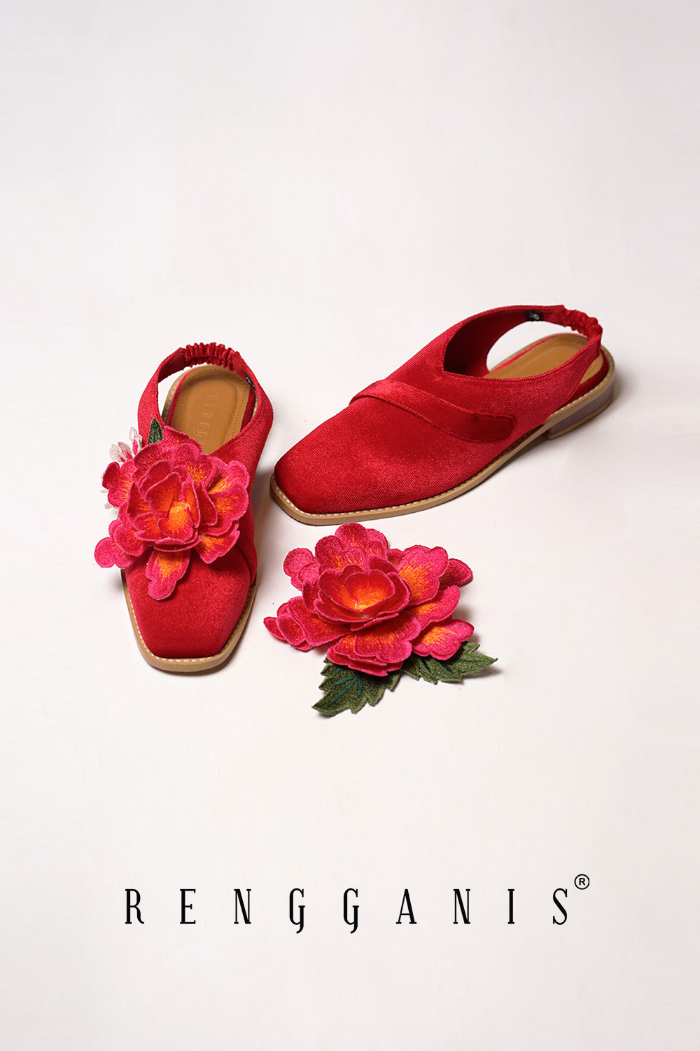 Velvet Bloom Slip-Ons in Red with 2.5cm Heels