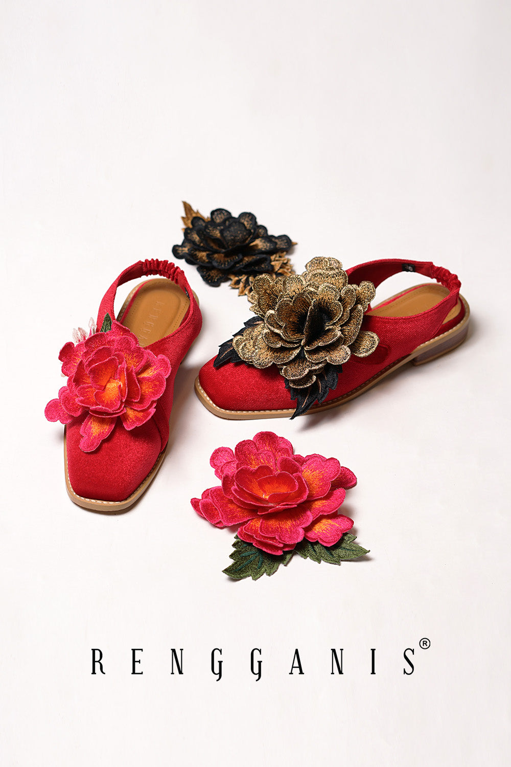 Velvet Bloom Slip-Ons in Red with 2.5cm Heels