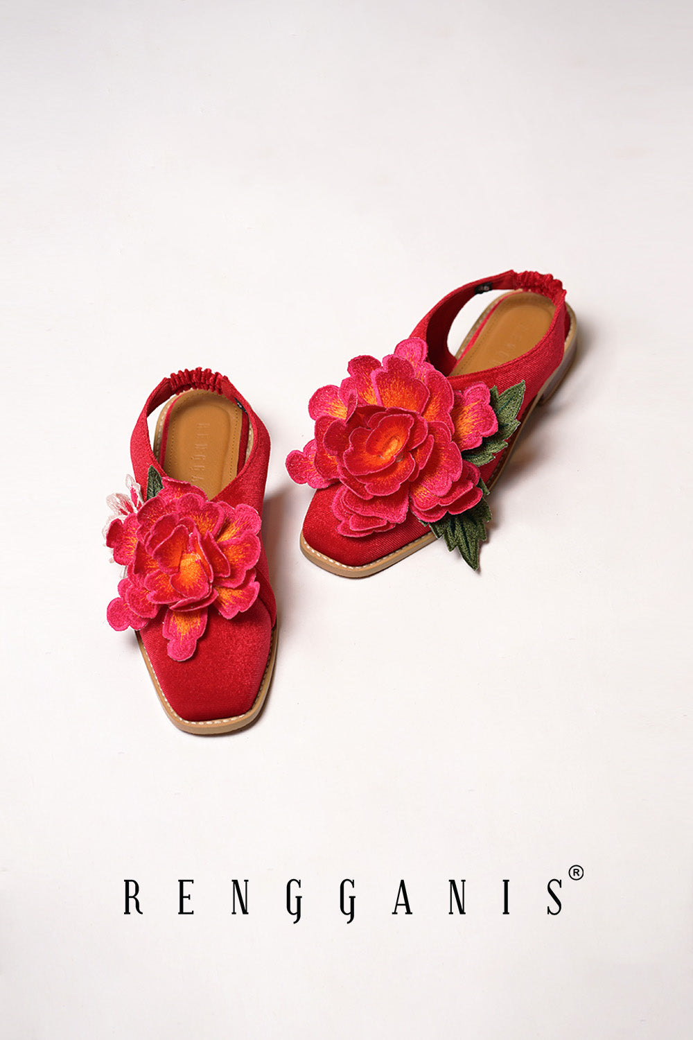 Velvet Bloom Slip-Ons in Red with 2.5cm Heels